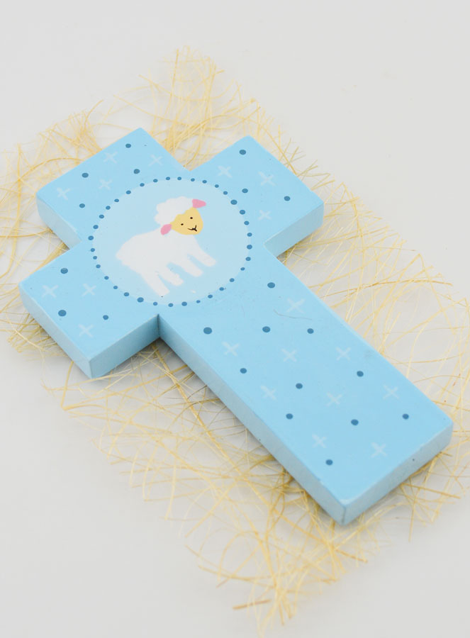 Cruz Infantil em Madeira Pequena Ovelha Azul - 12 cm (pic 3)