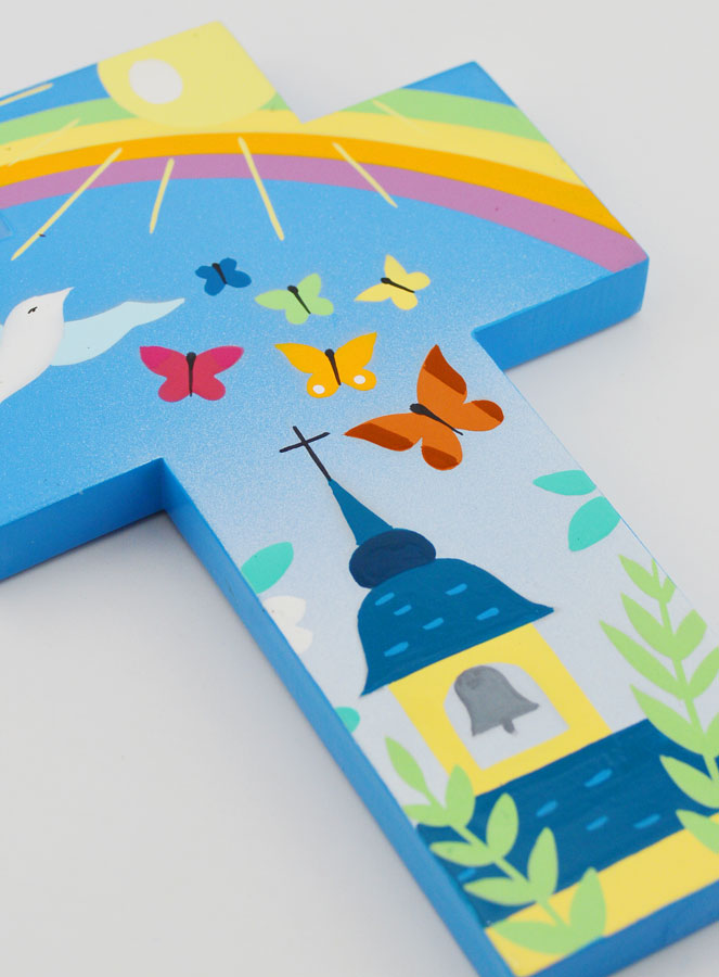 Cruz Infantil de Madera Iglesia de Mariposas y Arco Iris 15 cm (pic 3)