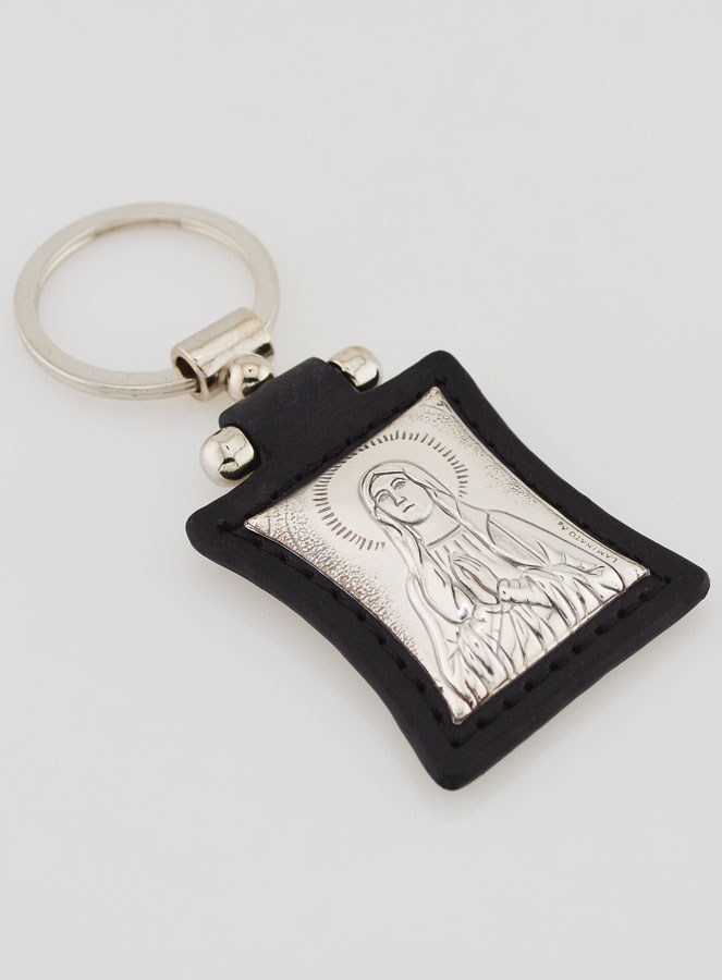 Llavero Nuestra Señora de Lourdes de Cuero Negro y Medalla Plata (pic 3)
