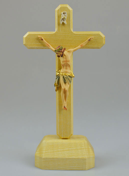 Crucifijo Artesanal Pintado a Mano y Madera Clara con Base - 23 cm | La