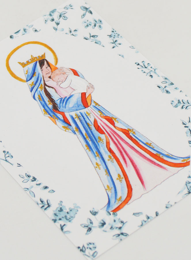 Estampa de Bautizo - Virgen Coronada con Lirio - Rosas Azules (pic 3)