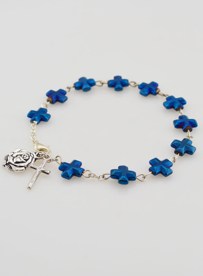 Pulseira Dezena Contas e Cruz em Madrepérola Azul (pic 3)