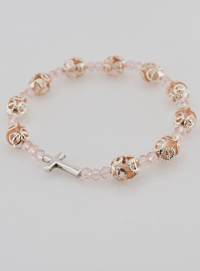 Pulsera Decenario Perlas Esculpidas Rosa con elástico (pic 3)