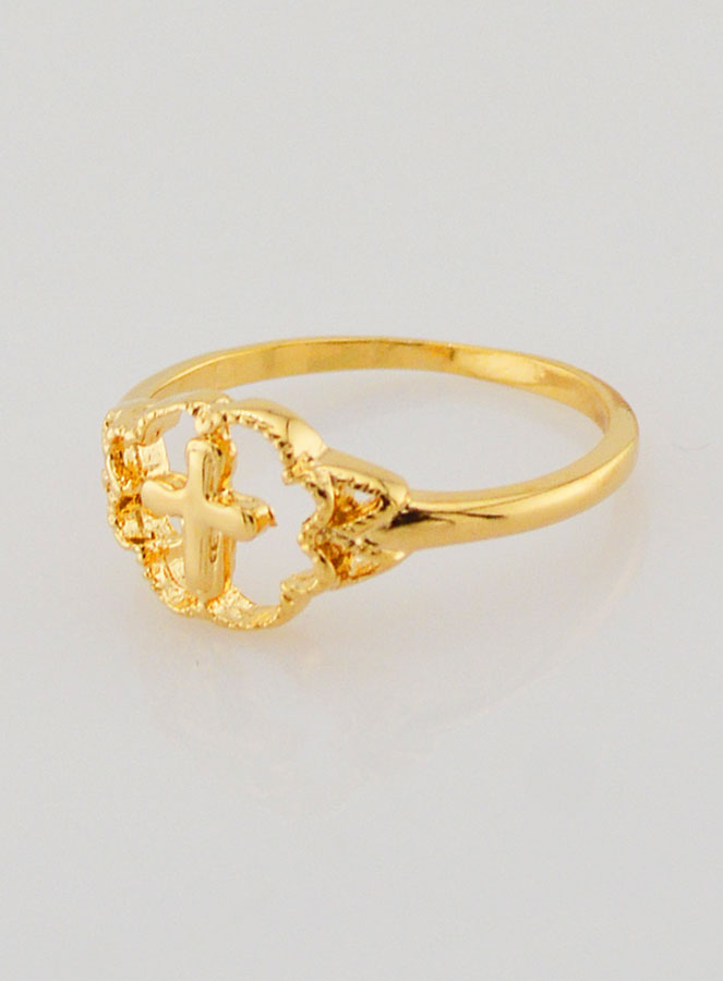 Anillo Cruz y Flor Bañado en Oro - Talla 58 (pic 3)