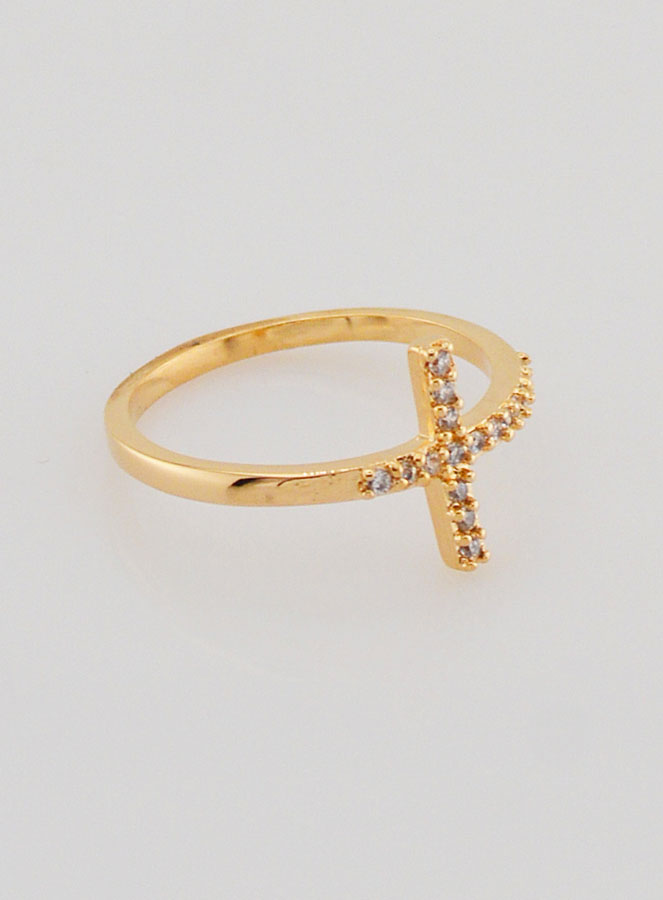 Anillo Cruz de Cristo y Diamantes Strass - Bañada en Oro - Talla 58 (pic 3)