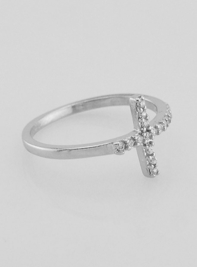 Anillo Cruz y 1 Diamante Strass - Plata de Ley - Talla 58 (pic 3)
