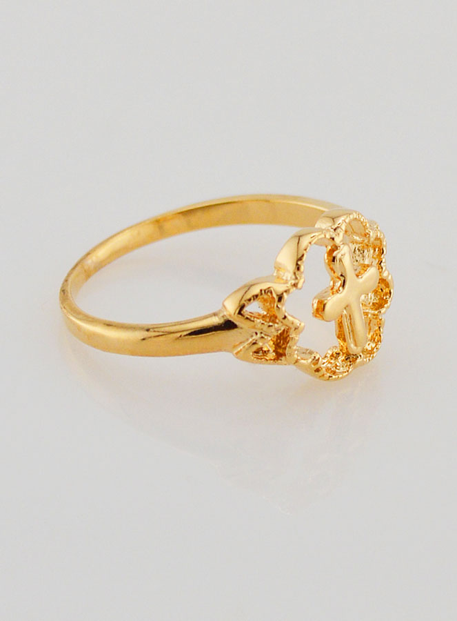 Anillo Cruz y Flor Bañado en Oro - Talla 54 (pic 3)