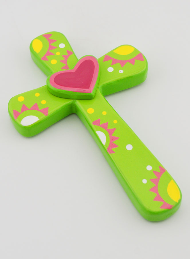 Cruz en Madera - Verde - Corazón Rosa (pic 3)