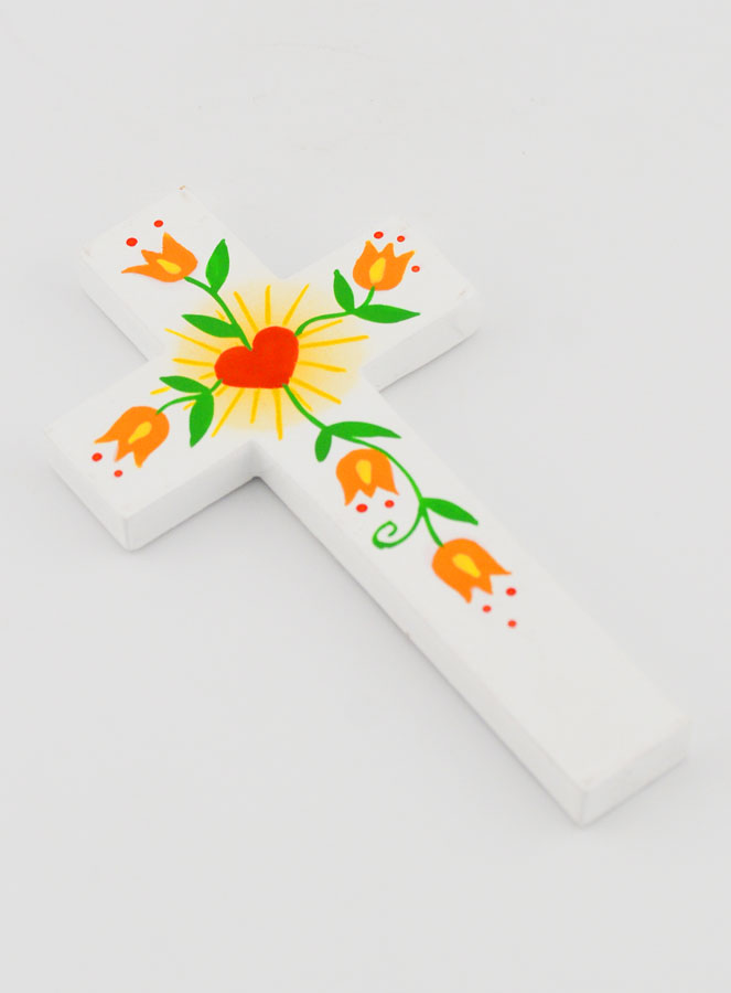 Cruz en Madera - Corazón de Amor y Flores Naranjas (pic 3)