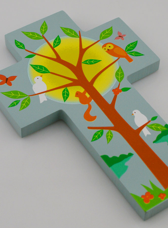 Cruz Infantil de Madera - Árbol de la Vida y Pájaros (pic 3)