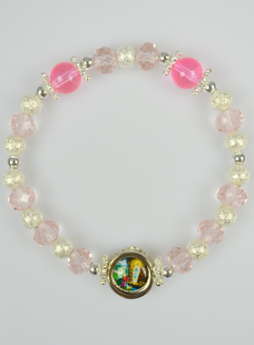 Pulsera Religiosa Perlas de Cristal Rosa - Medalla de Lourdes (pic 1)