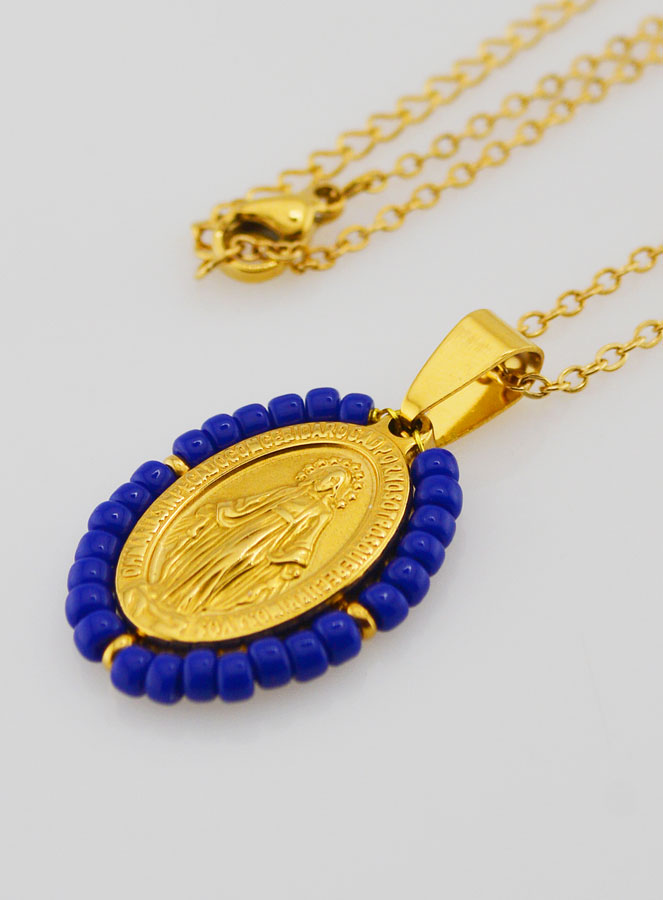 Collar religioso y medalla milagrosa - Cuentas azul marino (pic 1)