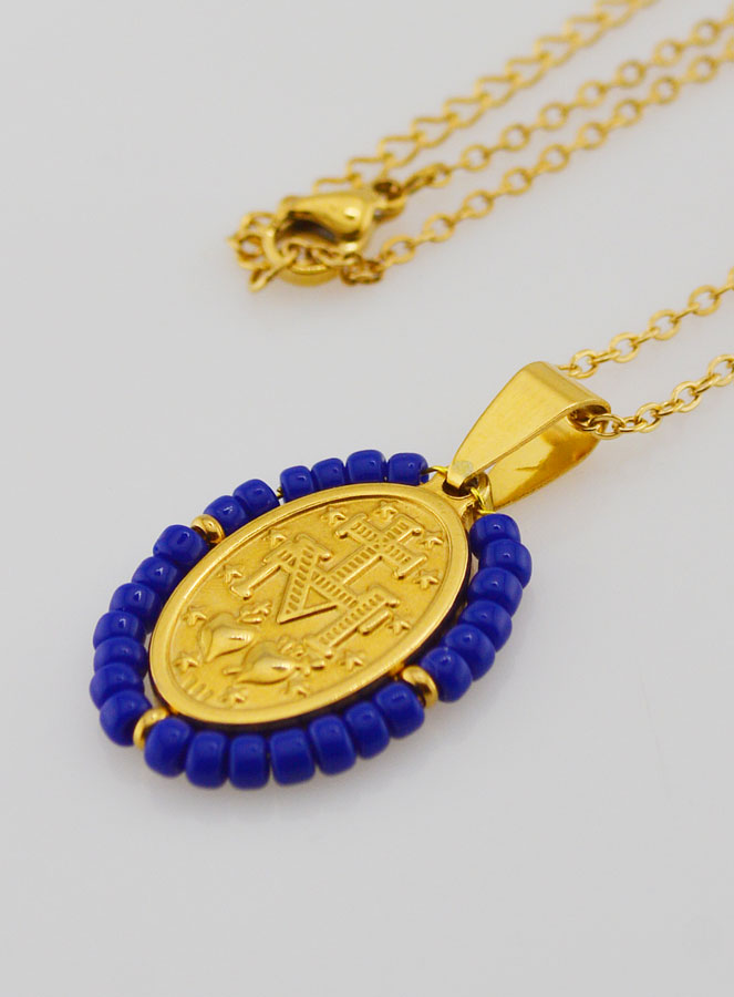 Collar religioso y medalla milagrosa - Cuentas azul marino (pic 3)