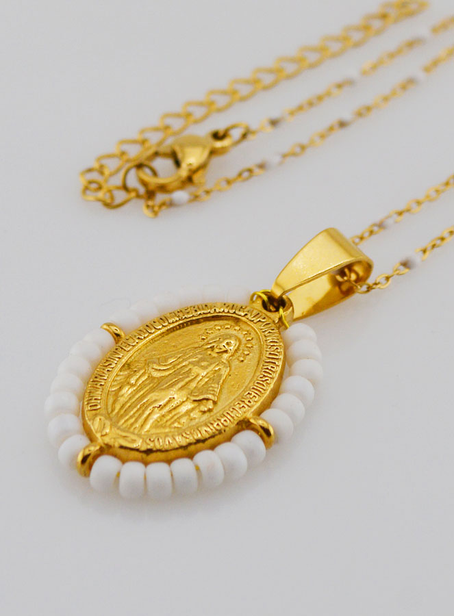 Collar religioso de cuentas y medalla milagrosa - Blanco (pic 1)