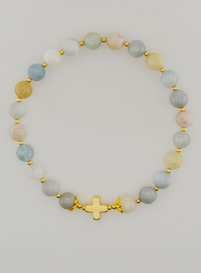 Pulsera en Piedra de Aguamarina y Cruz - 6 mm (pic 1)