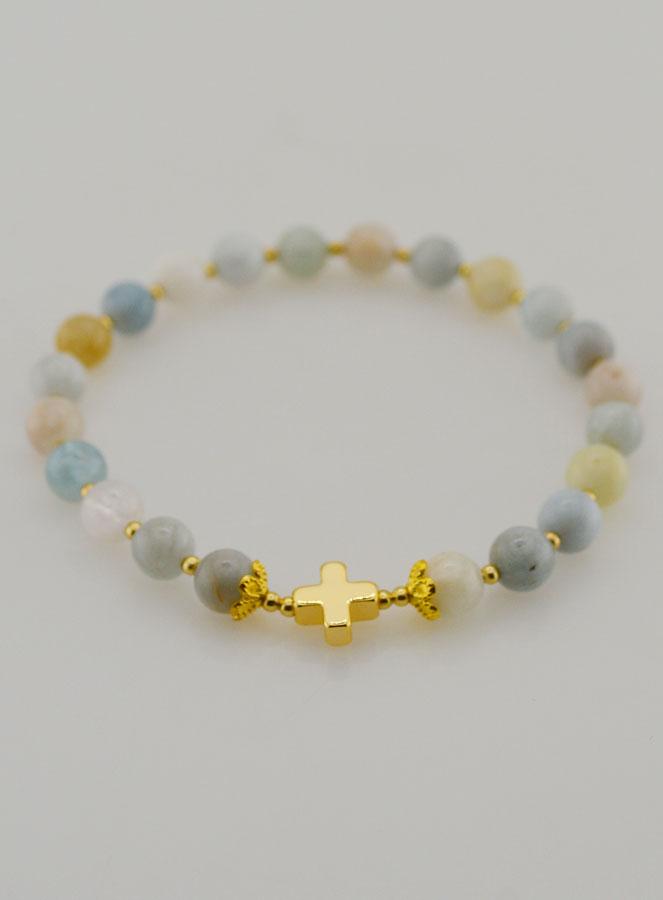 Pulsera en Piedra de Aguamarina y Cruz - 6 mm (pic 2)