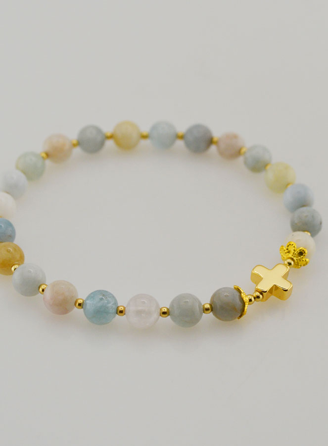 Pulsera en Piedra de Aguamarina y Cruz - 6 mm (pic 3)
