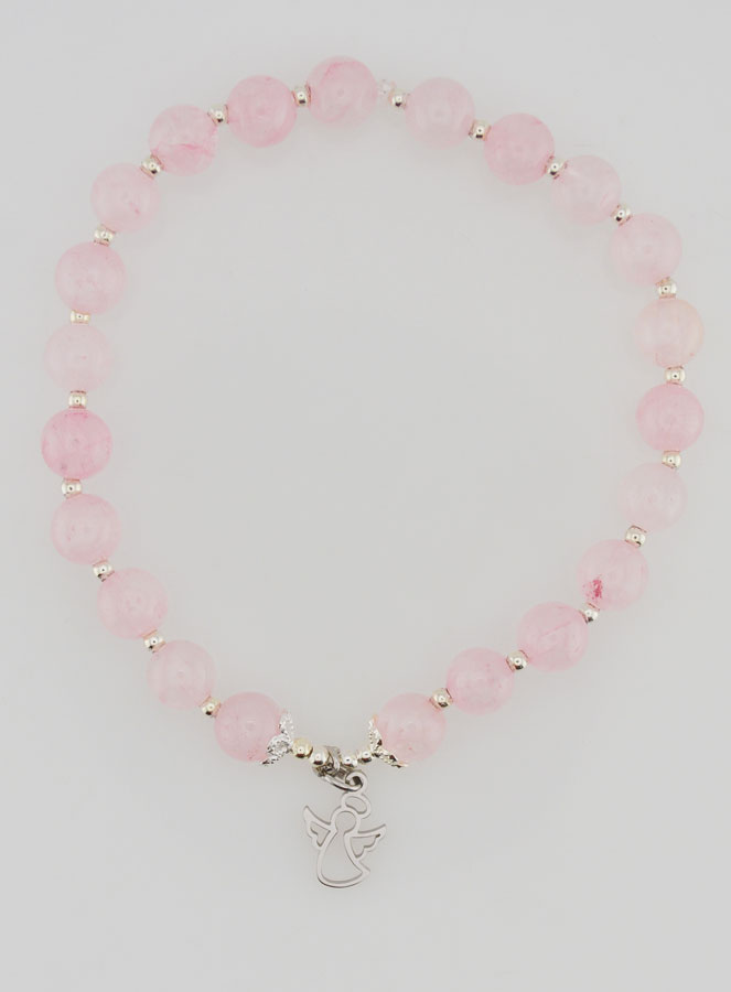 Pulsera en Cuarzo Rosa 6 mm y Ángel de la Guarda (pic 1)