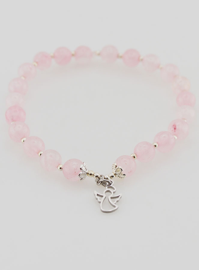 Pulsera en Cuarzo Rosa 6 mm y Ángel de la Guarda (pic 2)