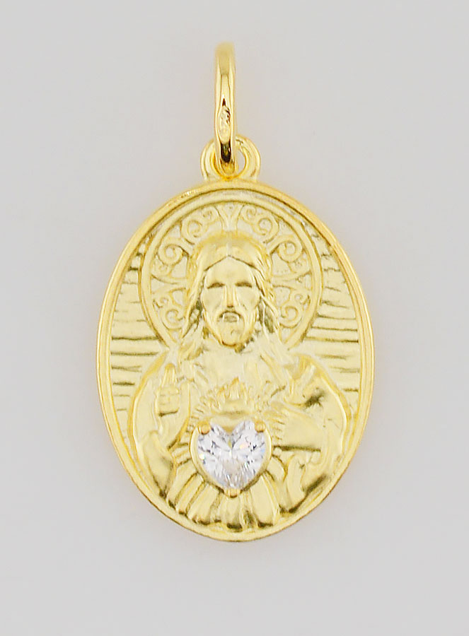 Medalla del Sagrado Corazón de Jesús bañada en oro y circonitas - 19 mm (pic 1)