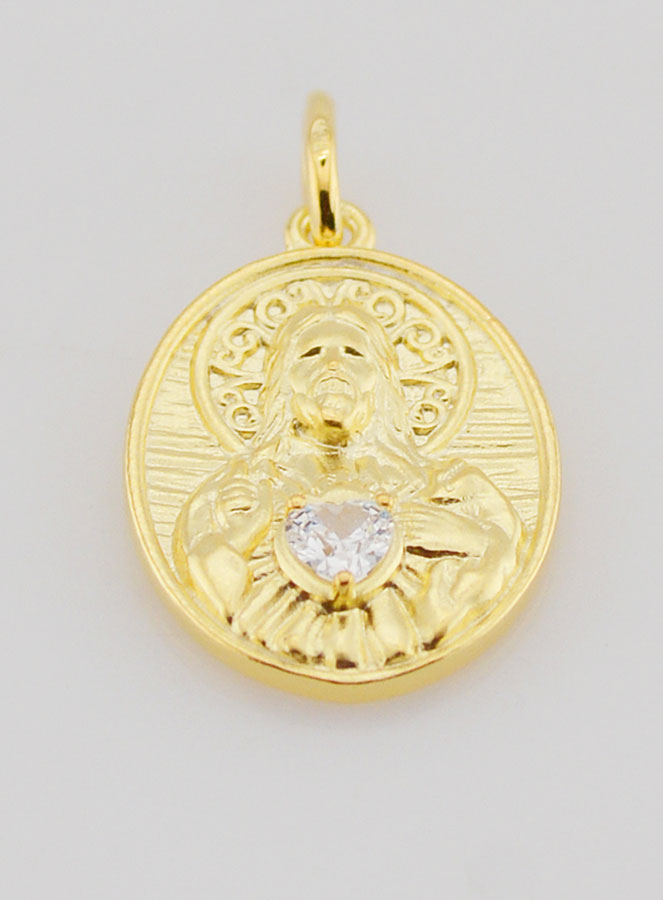 Medalla del Sagrado Corazón de Jesús bañada en oro y circonitas - 19 mm (pic 2)