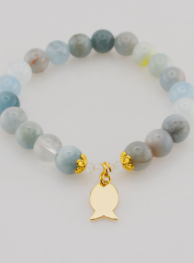 Pulsera de Aguamarina de 8 mm e Ichthus Dorado (pic 2)