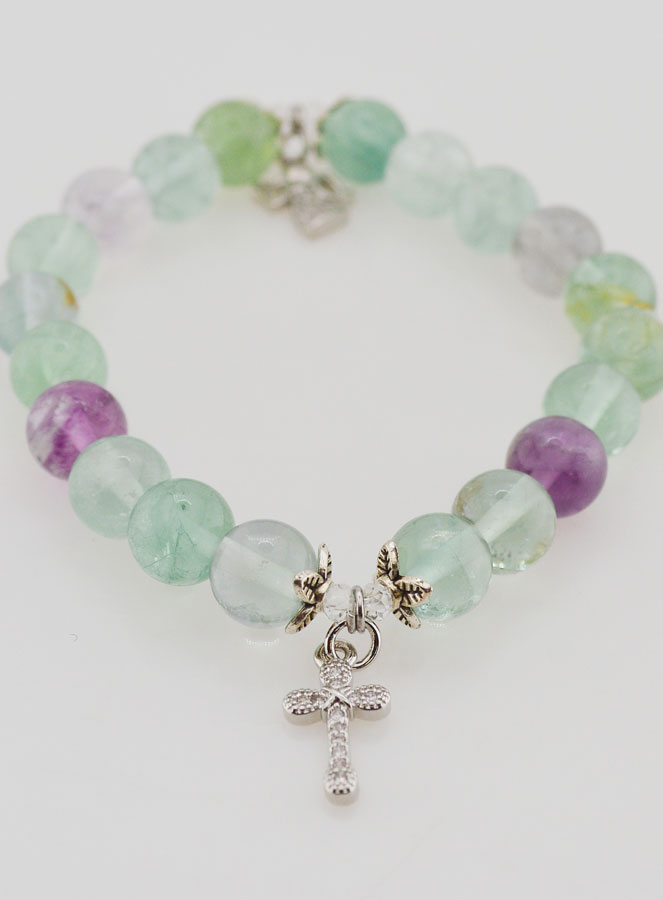 Pulsera en Piedra de fluorita de 8 mm - Ángel y cruz (pic 2)
