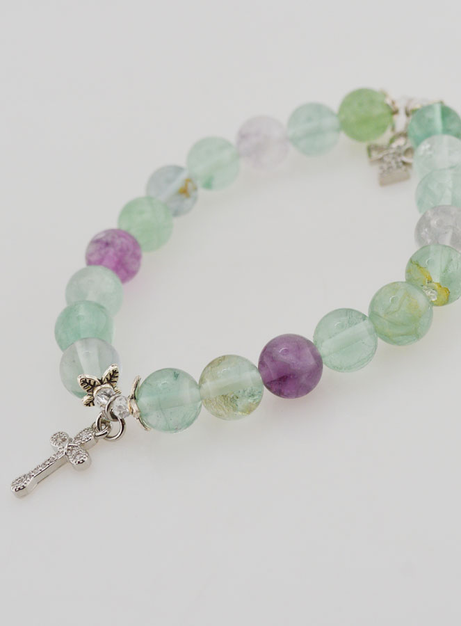 Pulsera en Piedra de fluorita de 8 mm - Ángel y cruz (pic 3)