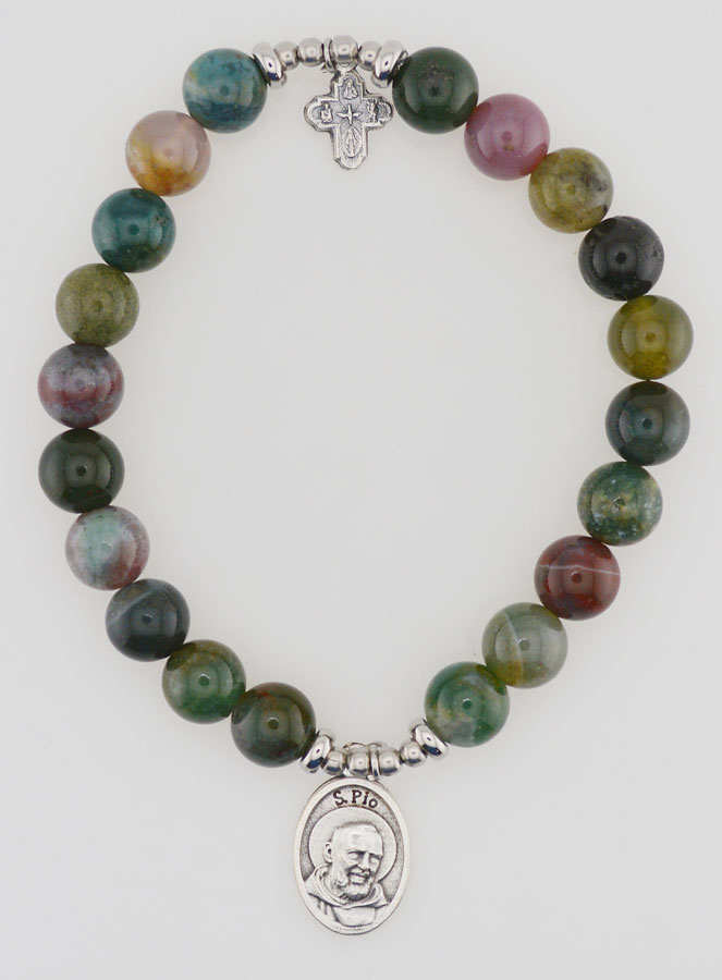 Pulsera religiosa de ágata india de 8 mm - Padre Pío y Cruz de la Trinidad (pic 1)