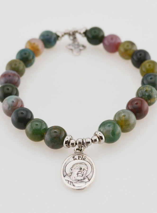 Pulsera religiosa de ágata india de 8 mm - Padre Pío y Cruz de la Trinidad (pic 2)