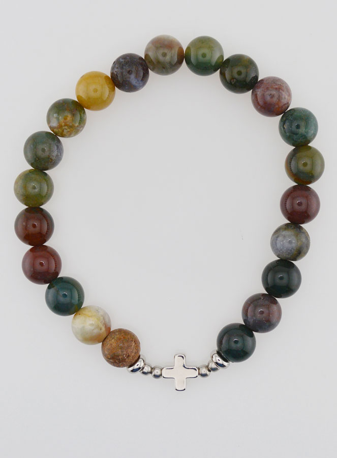 Pulsera religiosa de ágata india - 8 mm y cruz (pic 1)
