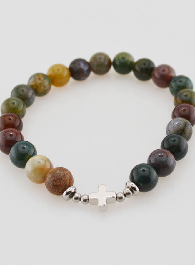 Pulsera religiosa de ágata india - 8 mm y cruz (pic 2)