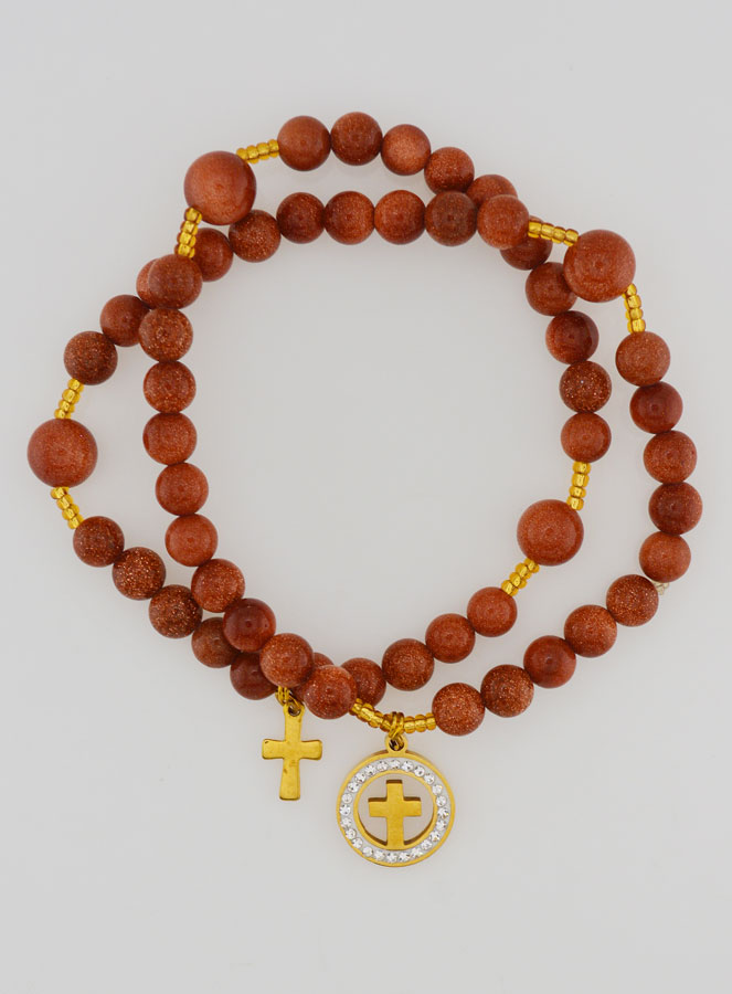 Pulsera Rosario de Piedra Solar - Medalla con Cruz y Circonitas (pic 1)