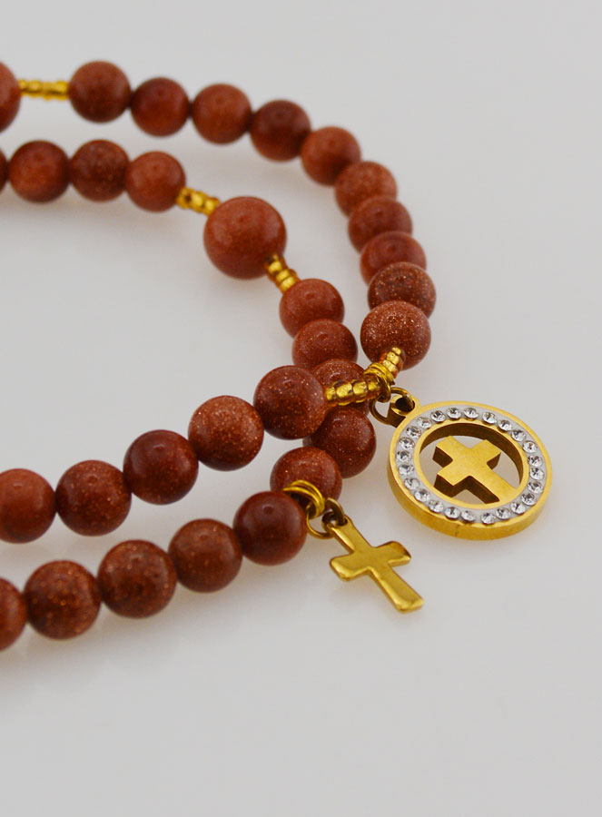 Pulsera Rosario de Piedra Solar - Medalla con Cruz y Circonitas (pic 3)