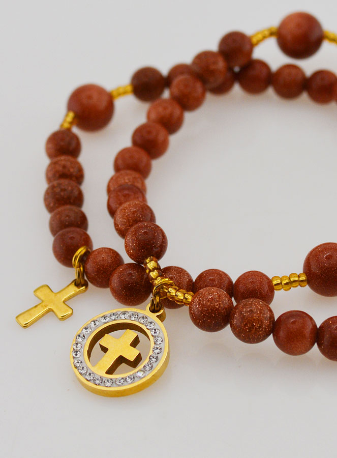 Pulsera Rosario de Piedra Solar - Medalla con Cruz y Circonitas (pic 4)
