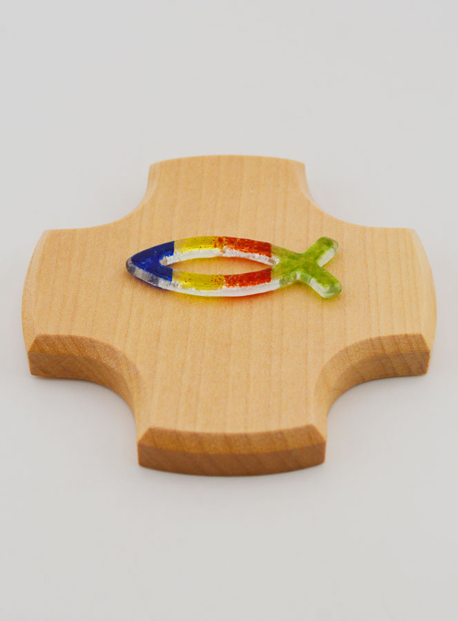 Cruz de madera de arce y pez ictus de cristal - 9 cm (pic 2)