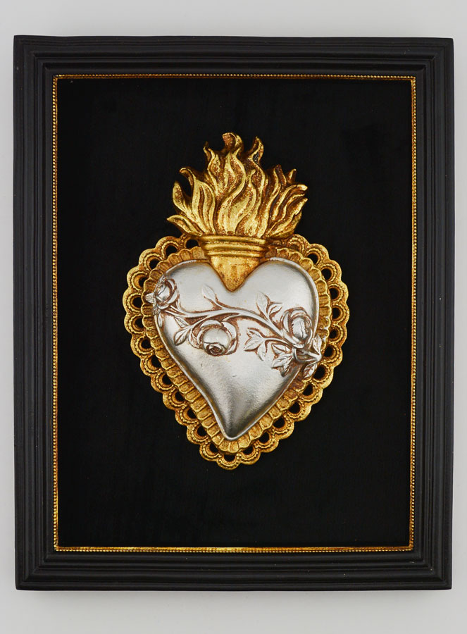 Exvoto de pared dorado y plateado sobre terciopelo negro - Corazón florido de 18 cm (pic 1)