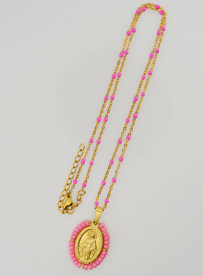 Collar religioso de cuentas y medalla milagrosa - Rosa (pic 2)