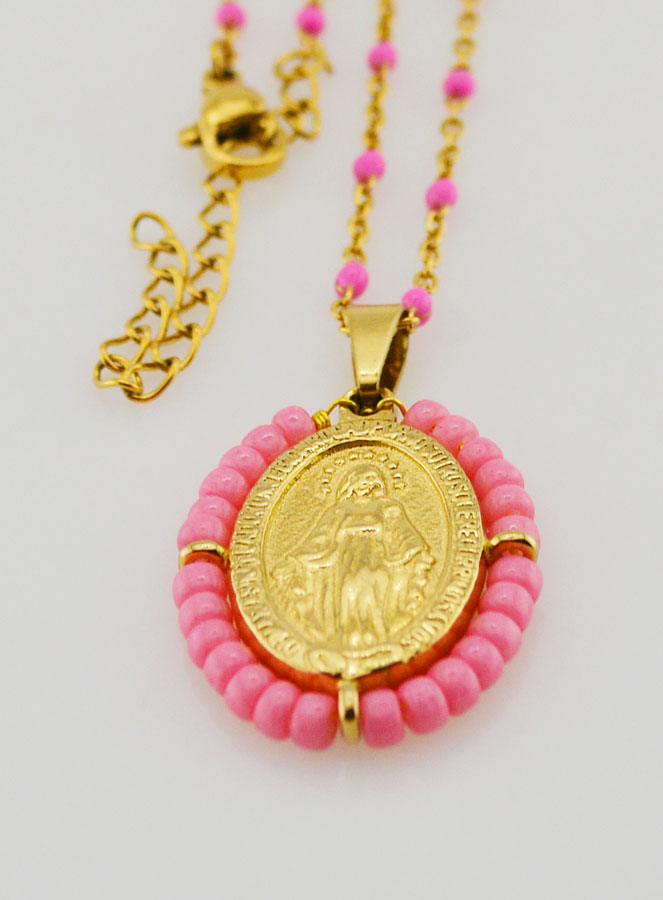 Collar religioso de cuentas y medalla milagrosa - Rosa (pic 3)