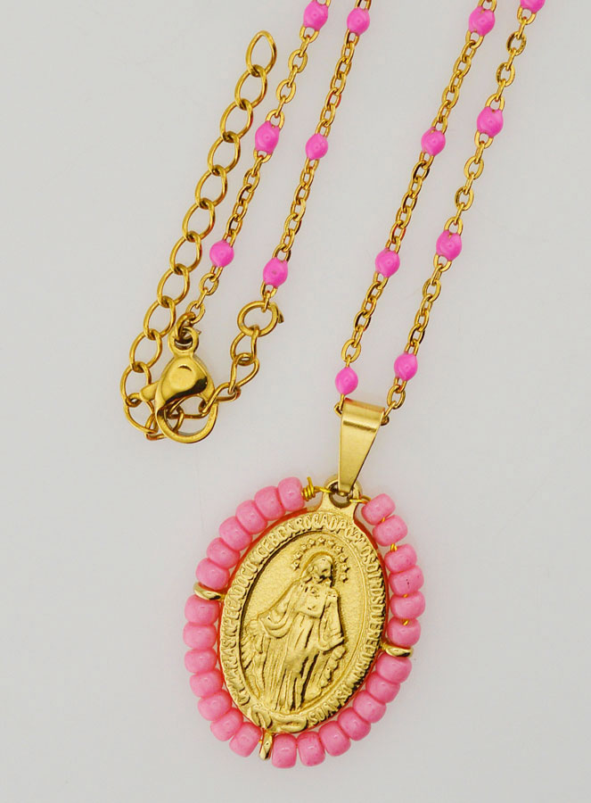 Collar religioso de cuentas y medalla milagrosa - Rosa (pic 4)