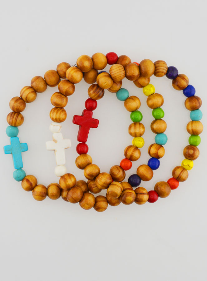 Juego de 3 pulseras religiosas de madera con cruz (pic 1)