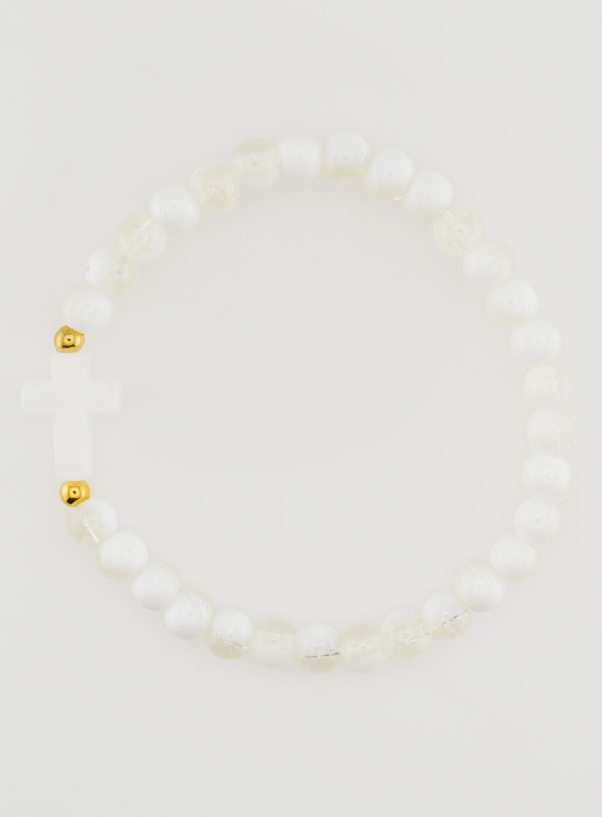 Pulsera religiosa con cruz y cuentas de vidrio blancas (pic 1)