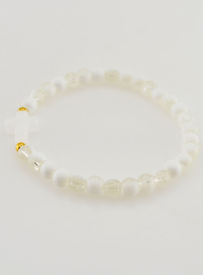 Pulsera religiosa con cruz y cuentas de vidrio blancas (pic 2)