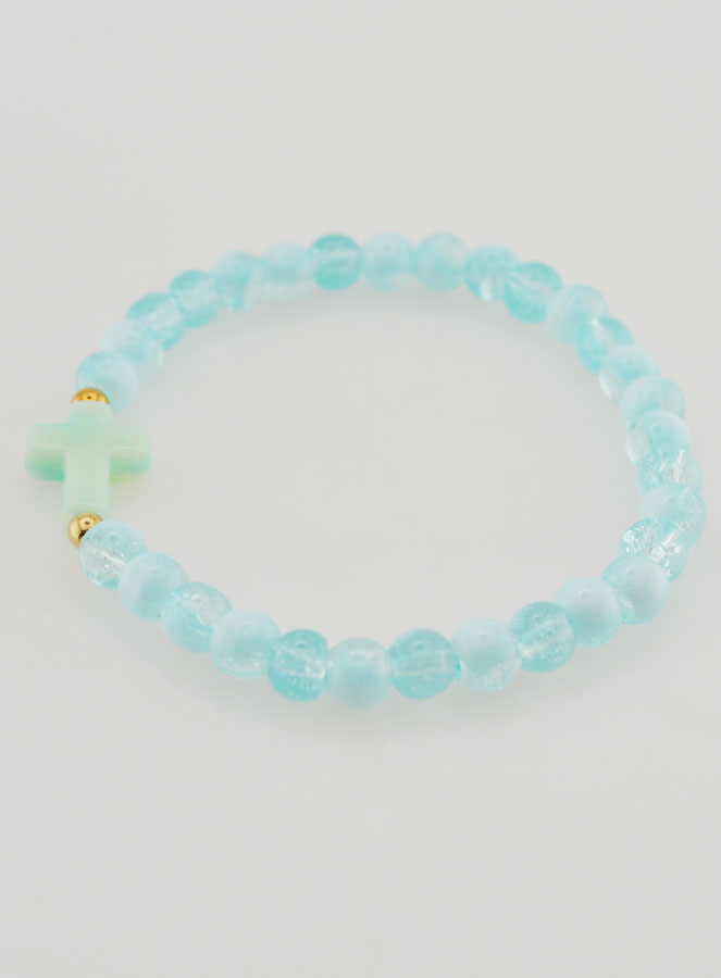 Pulsera religiosa con cruz y cuentas de vidrio azules (pic 2)