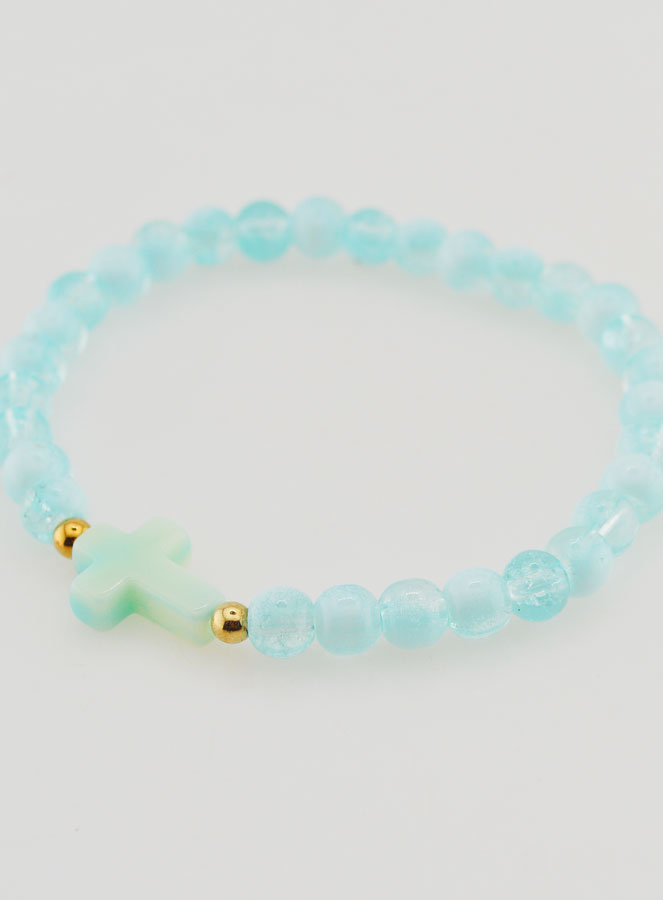 Pulsera religiosa con cruz y cuentas de vidrio azules (pic 3)