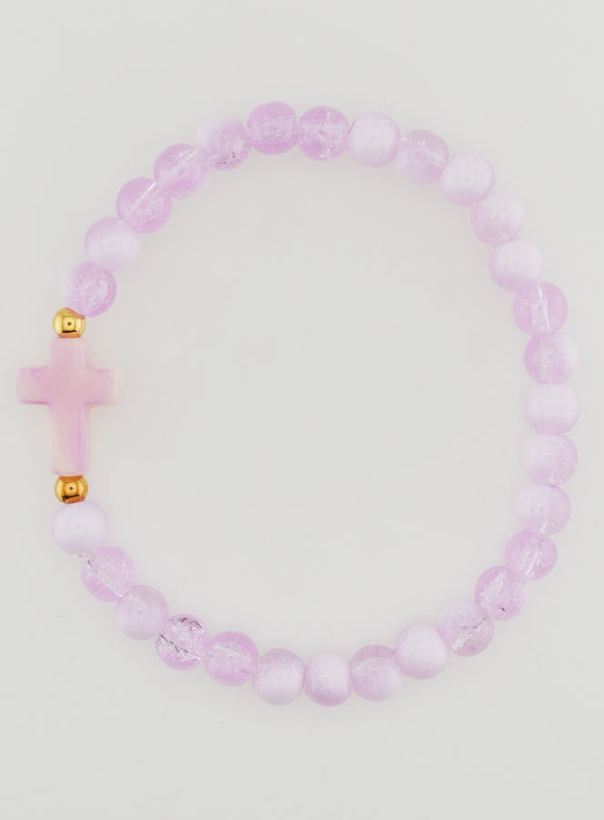 Pulsera religiosa con cruz y cuentas de vidrio moradas (pic 1)