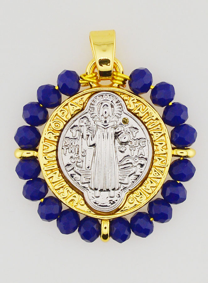 Medalla de San Benito en latón y vidrio azul (pic 1)