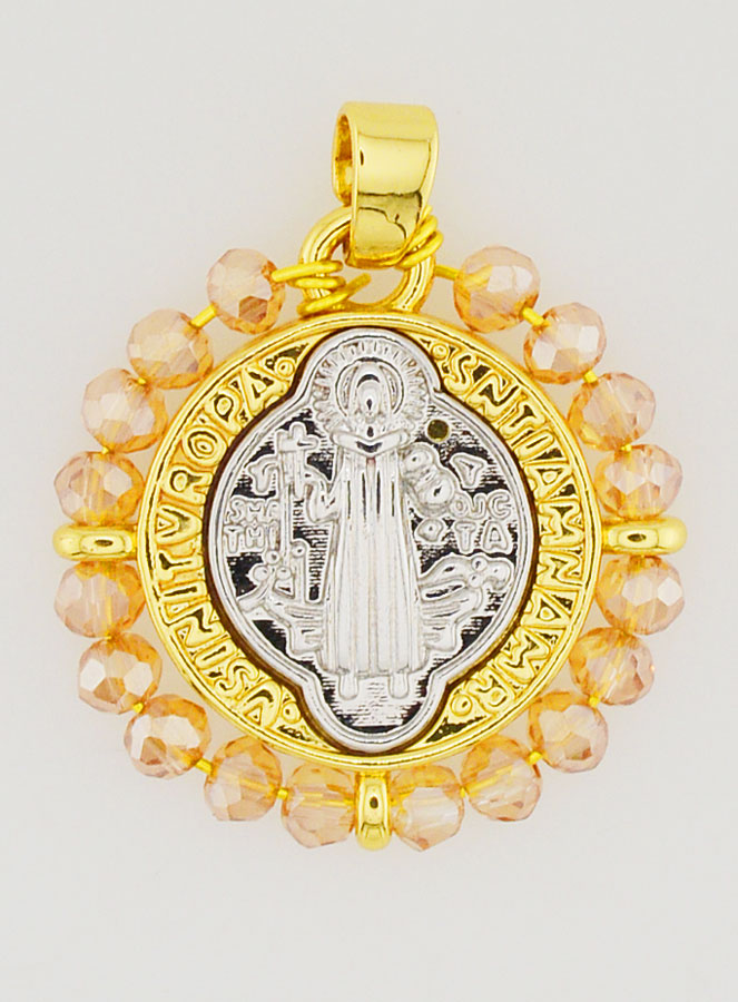 Medalla de San Benito en latón y cristal rosa (pic 1)