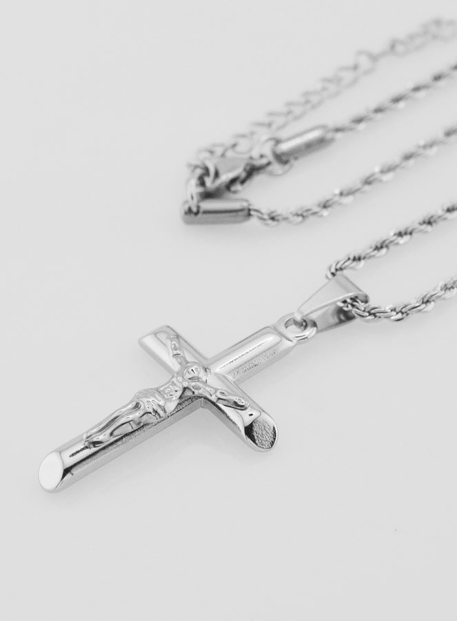 Collar religioso con la Cruz de Cristo en acero inoxidable plateado (pic 1)