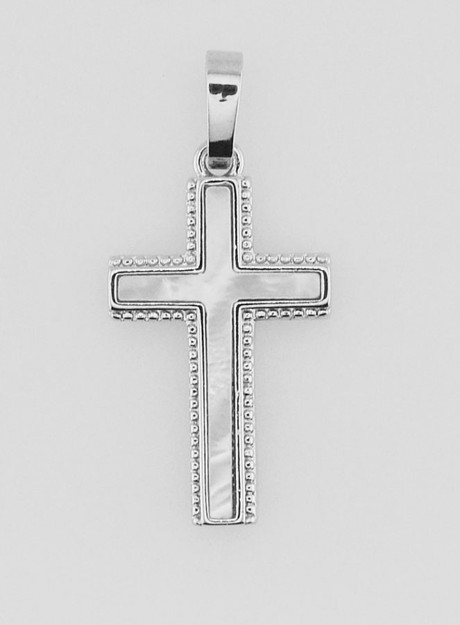 Colgante de cruz en nácar y latón plateado (pic 1)